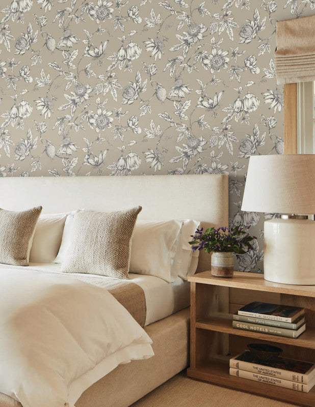 media image for Passion Flower Toile Wallpaper in Linen 267