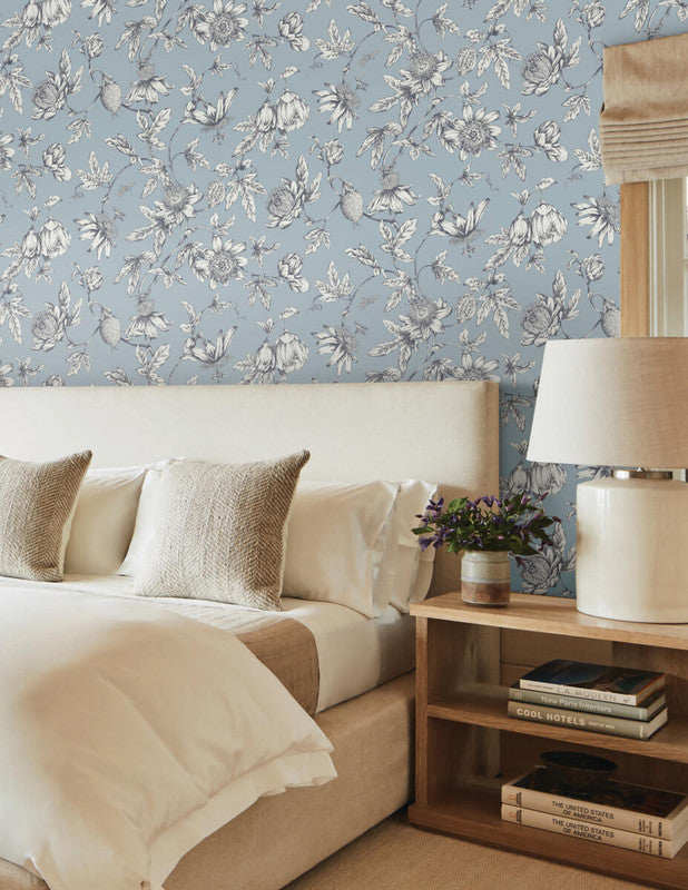 media image for Passion Flower Toile Wallpaper in Sky Blue 271