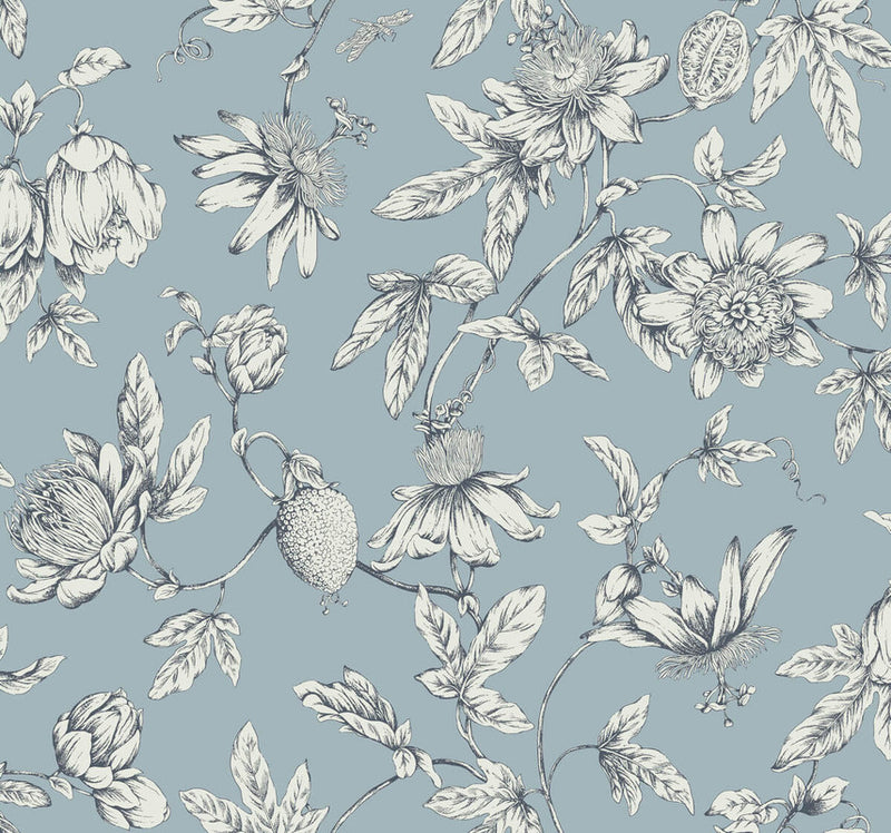 media image for Passion Flower Toile Wallpaper in Sky Blue 289