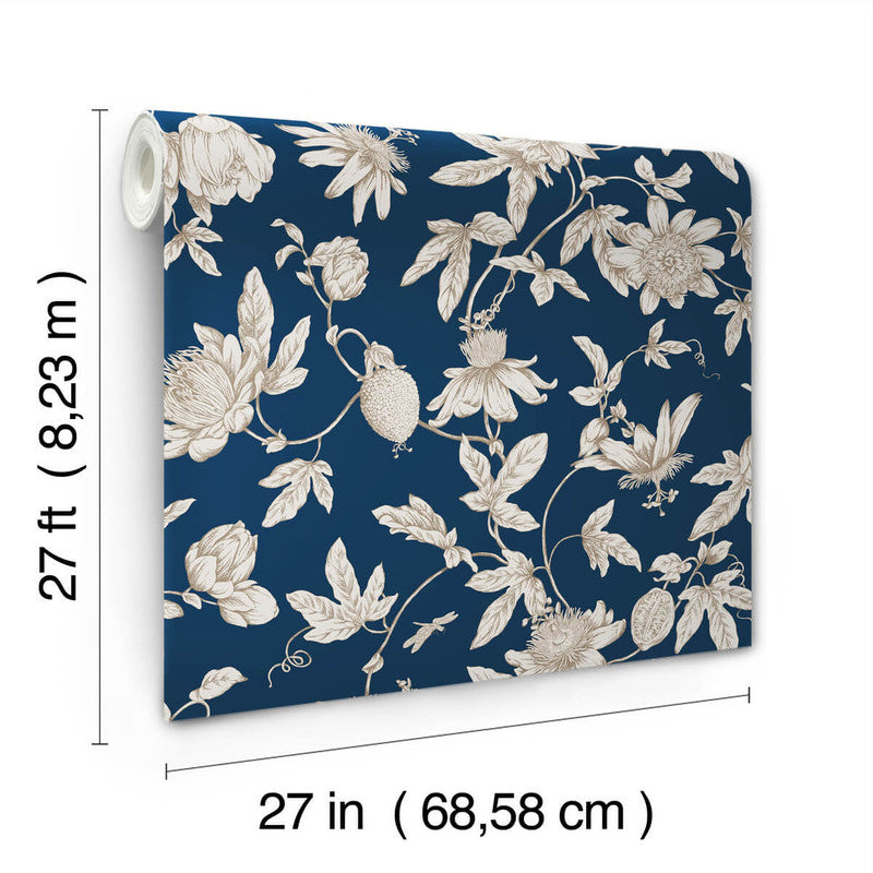 media image for Passion Flower Toile Wallpaper in Navy 221