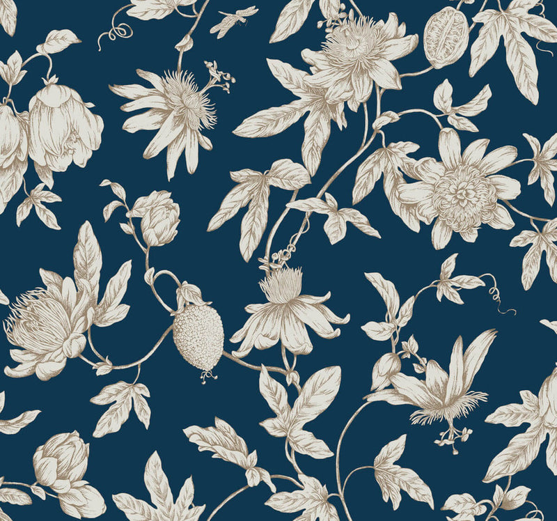 media image for Passion Flower Toile Wallpaper in Navy 236