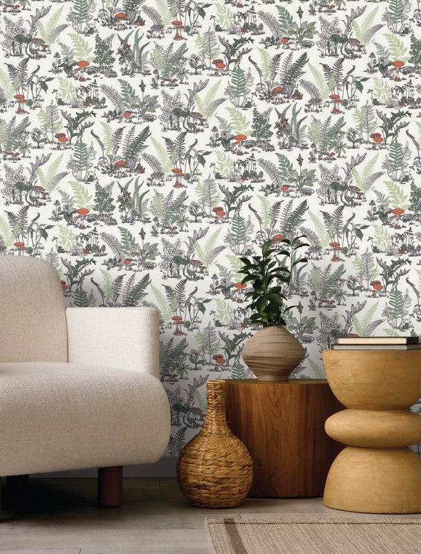 media image for Mushroom Garden Toile Wallpaper in Red & Green 271