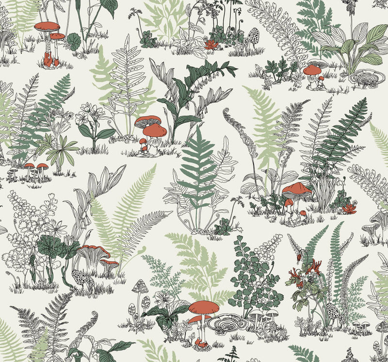 media image for Mushroom Garden Toile Wallpaper in Red & Green 238