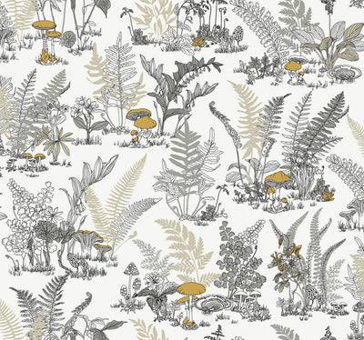 product image of Mushroom Garden Toile Wallpaper in Neutral & Gold 593