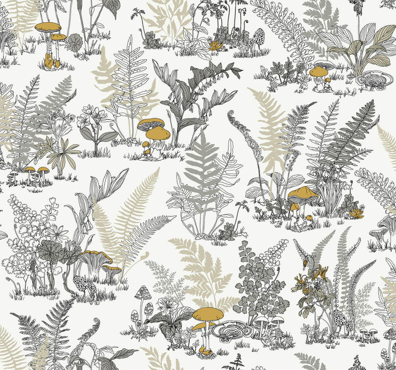 media image for Mushroom Garden Toile Wallpaper in Neutral & Gold 28