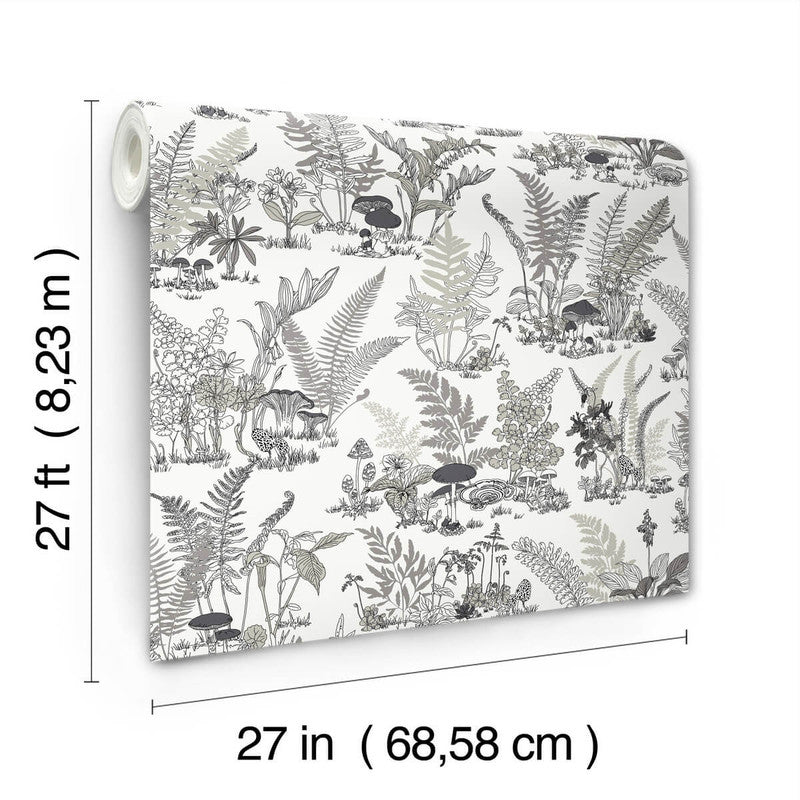 media image for Mushroom Garden Toile Wallpaper in Black & Grey 245