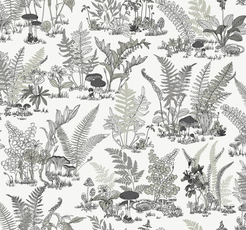 media image for Mushroom Garden Toile Wallpaper in Black & Grey 227