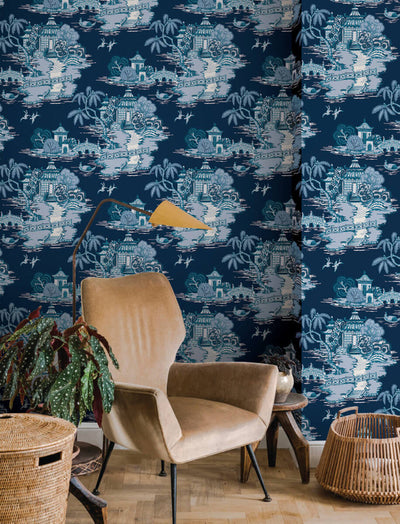 product image for Pagoda And Sampan Scenic Wallpaper in Navy 38