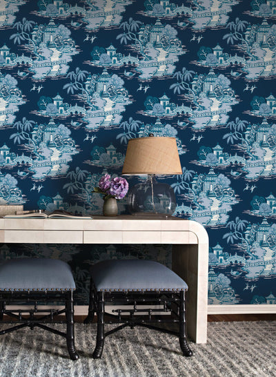 product image for Pagoda And Sampan Scenic Wallpaper in Navy 8