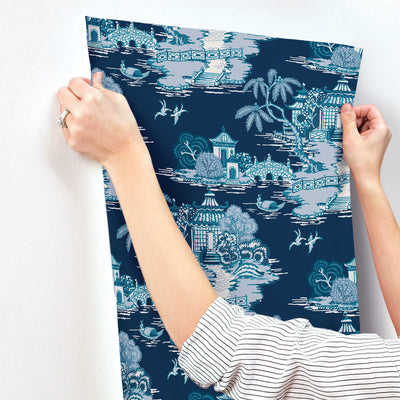 product image for Pagoda And Sampan Scenic Wallpaper in Navy 59