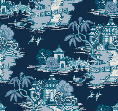 product image of Pagoda And Sampan Scenic Wallpaper in Navy 552