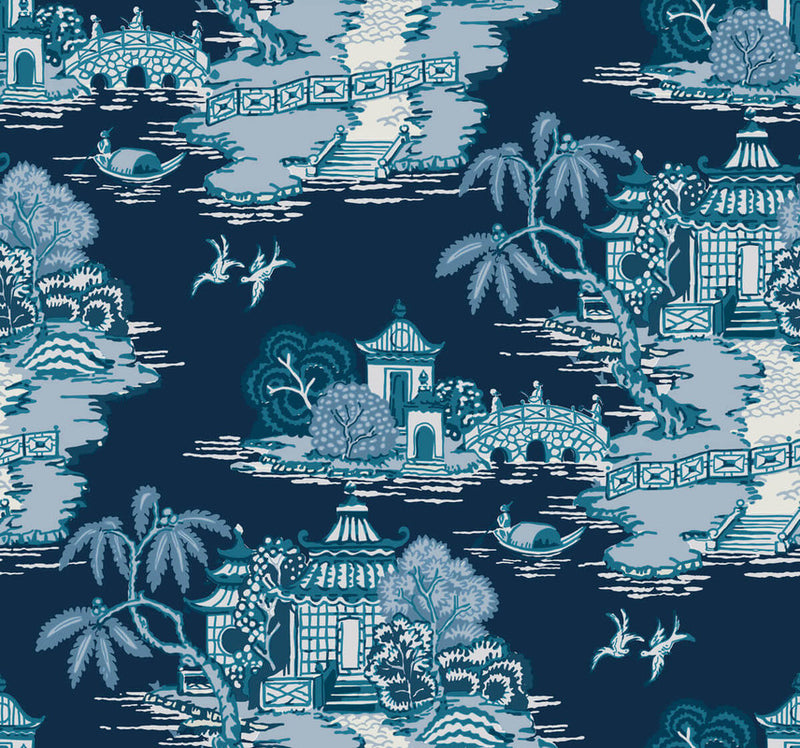 media image for Pagoda And Sampan Scenic Wallpaper in Navy 247