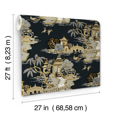 product image for Pagoda And Sampan Scenic Wallpaper in Black 64