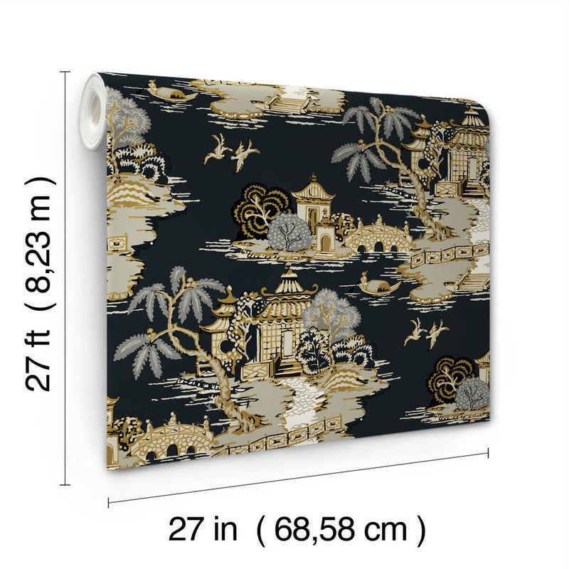 media image for Pagoda And Sampan Scenic Wallpaper in Black 259