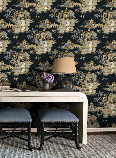 product image for Pagoda And Sampan Scenic Wallpaper in Black 3