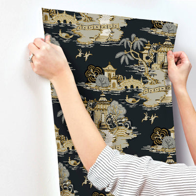 product image for Pagoda And Sampan Scenic Wallpaper in Black 58