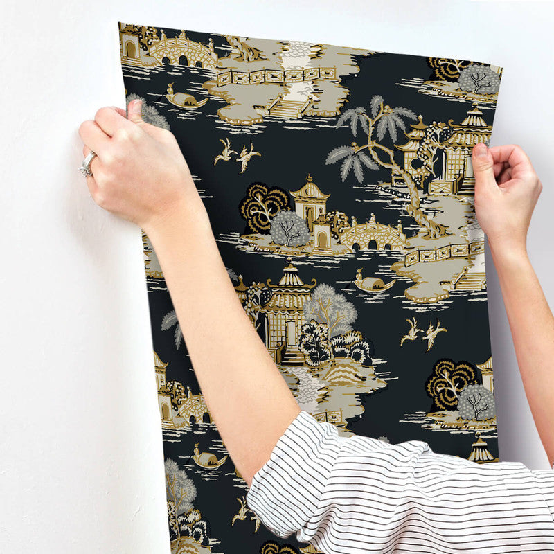 media image for Pagoda And Sampan Scenic Wallpaper in Black 220