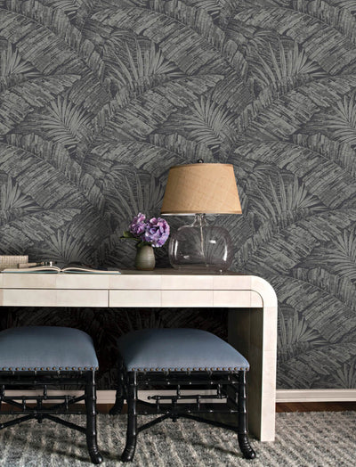 product image for Palm Cove Toile Wallpaper in Silver & Black 46