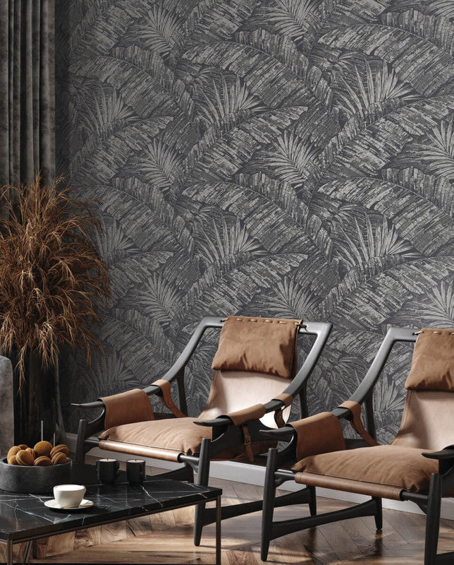 media image for Palm Cove Toile Wallpaper in Silver & Black 263