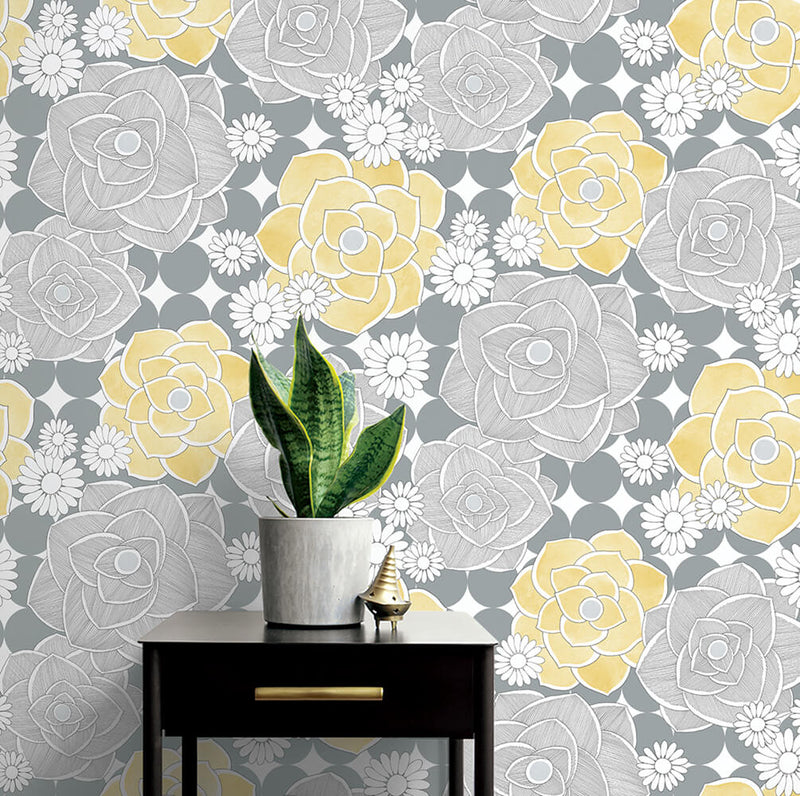 media image for Retro Floral Peel-and-Stick Wallpaper in Yellow and Grey by NextWall 289