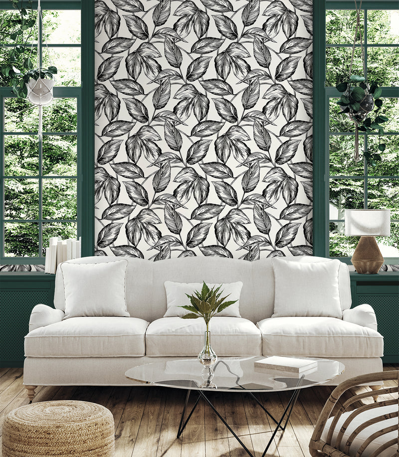 media image for Beckett Sketched Leaves Wallpaper in Volcanic Black 287