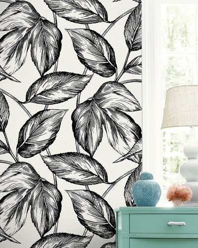 product image for Beckett Sketched Leaves Wallpaper in Volcanic Black 96