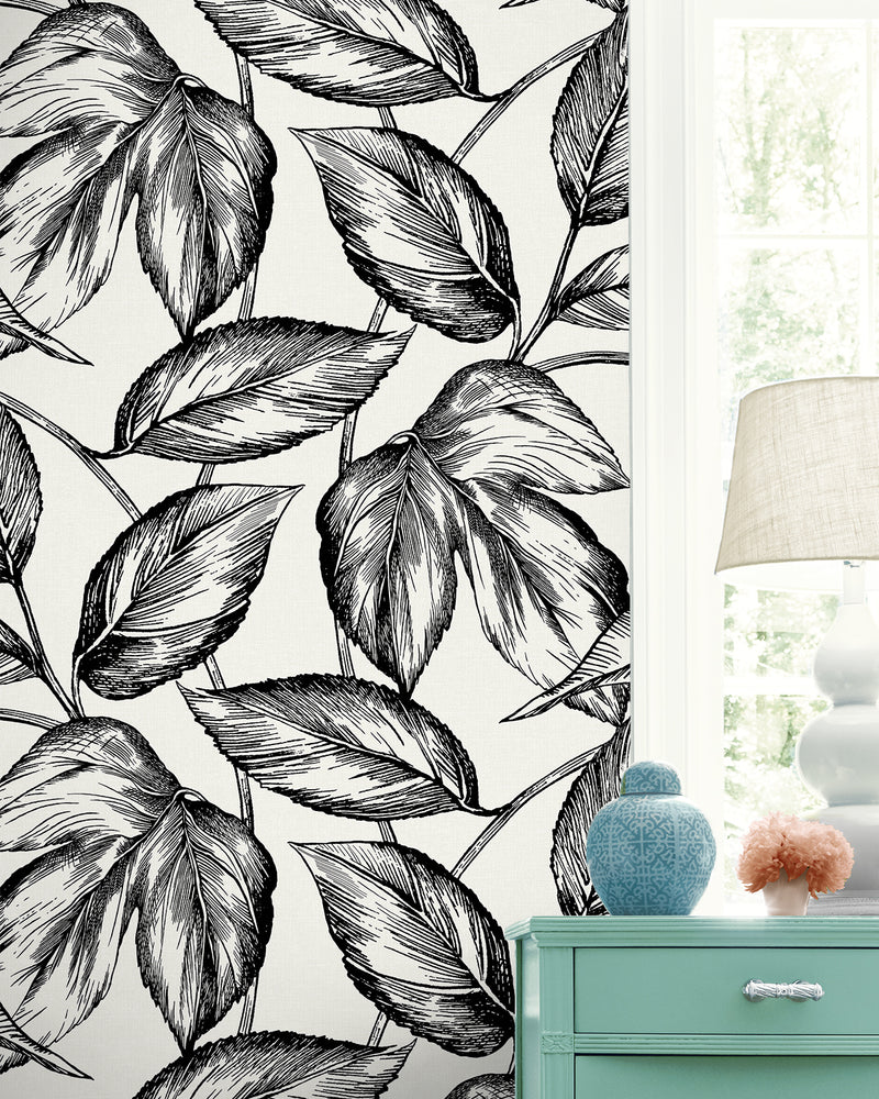 media image for Beckett Sketched Leaves Wallpaper in Volcanic Black 284