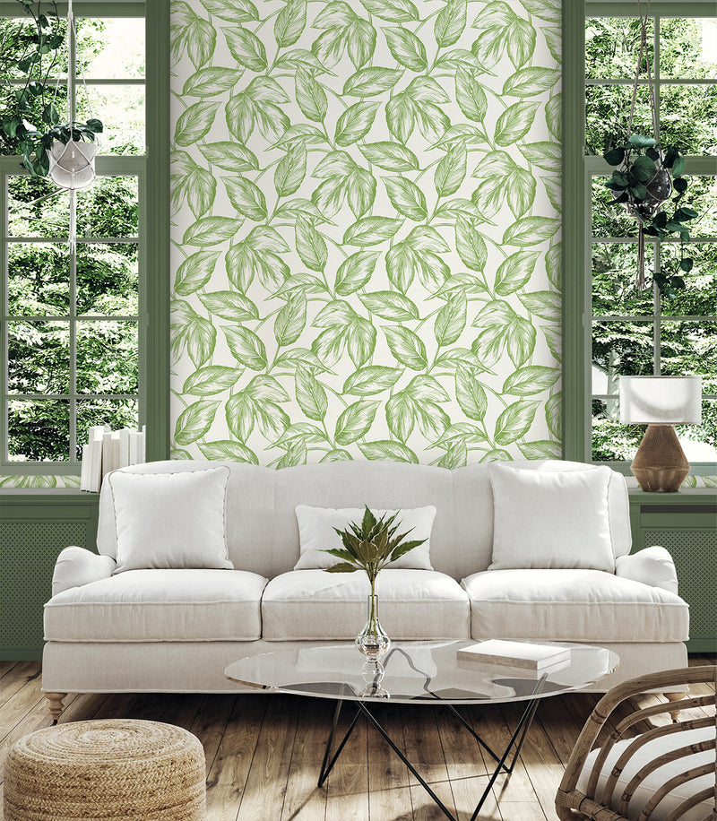 media image for Beckett Sketched Leaves Wallpaper in Apple Green 249