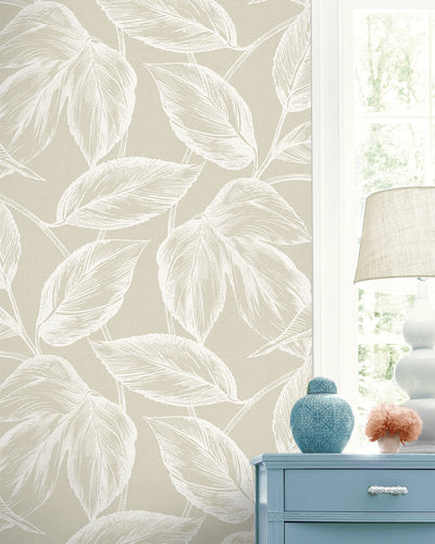 product image for Beckett Sketched Leaves Wallpaper in Oat 1