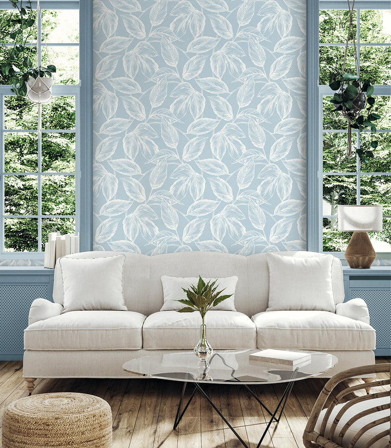 media image for Beckett Sketched Leaves Wallpaper in Baby Blue 235