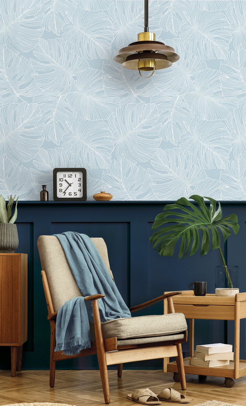 media image for Tarra Monstera Leaf Wallpaper in Early Sky 230