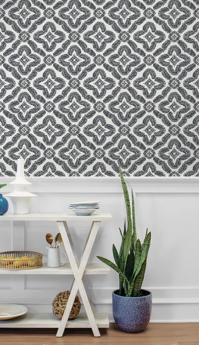 product image for Talia Botanical Medallion Wallpaper in Black and White 66