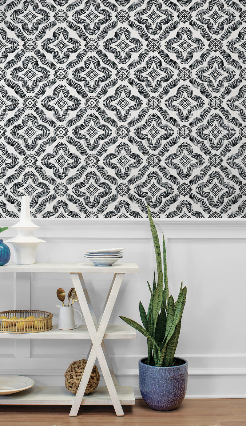 media image for Talia Botanical Medallion Wallpaper in Black and White 216