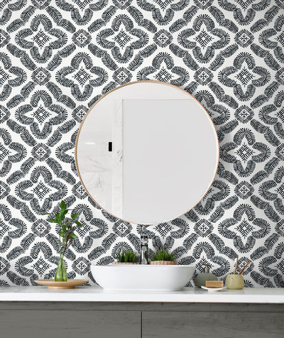 product image for Talia Botanical Medallion Wallpaper in Black and White 25