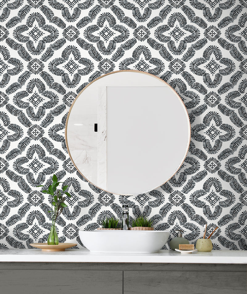 media image for Talia Botanical Medallion Wallpaper in Black and White 257