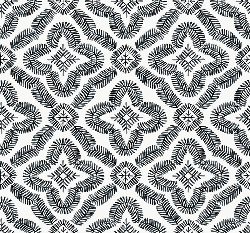 media image for Talia Botanical Medallion Wallpaper in Black and White 216