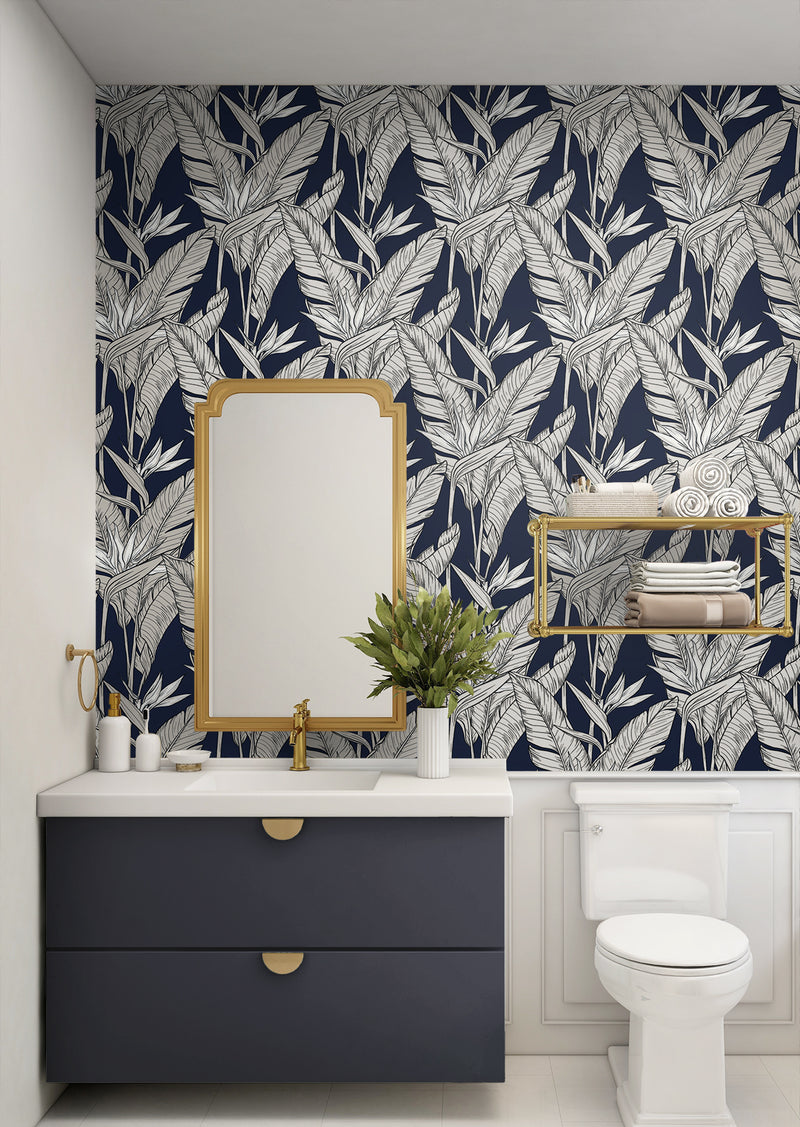 media image for Birds of Paradise Peel & Stick Wallpaper in Navy/Pewter by Stacy Garcia 286
