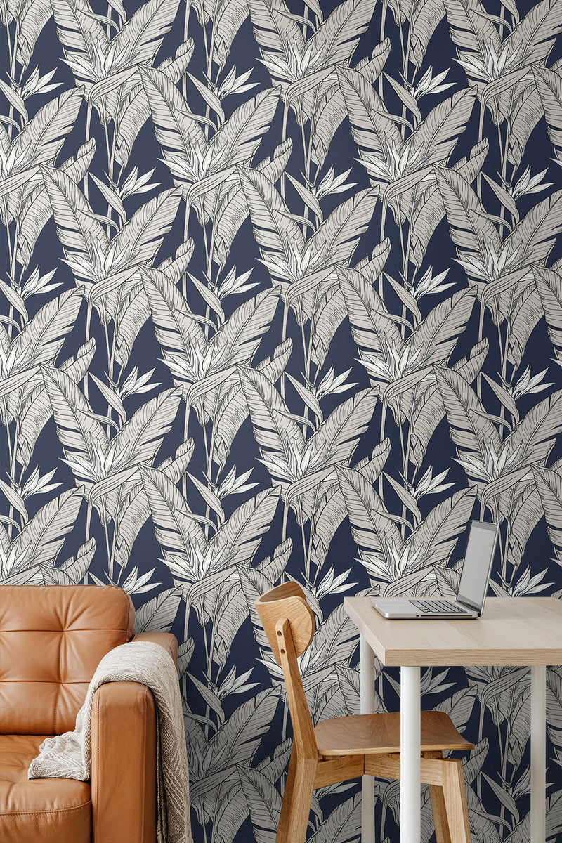media image for Birds of Paradise Peel & Stick Wallpaper in Navy/Pewter by Stacy Garcia 225