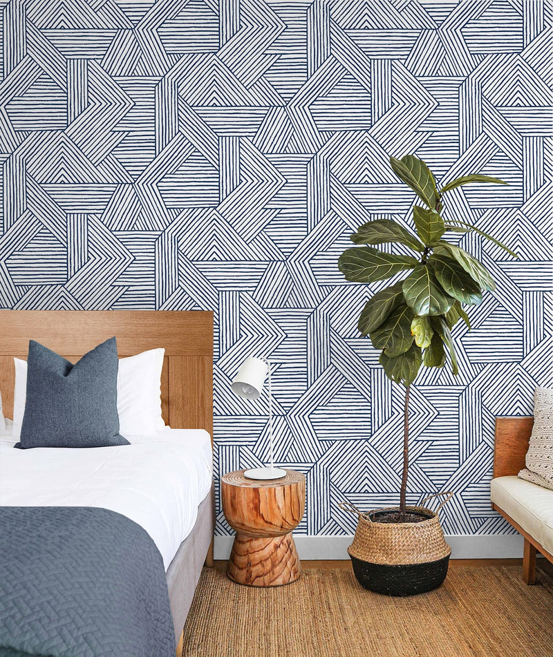 media image for Etched Geometric Peel & Stick Wallpaper in Navy Blue 220