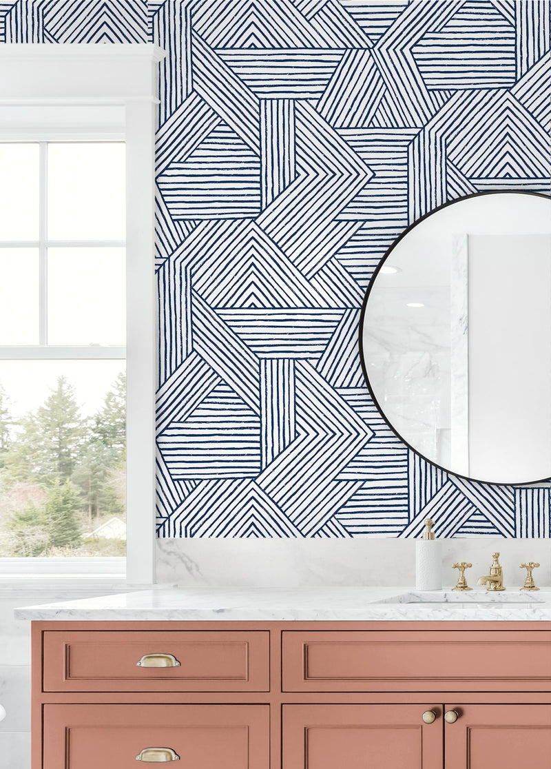 media image for Etched Geometric Peel & Stick Wallpaper in Navy Blue 264