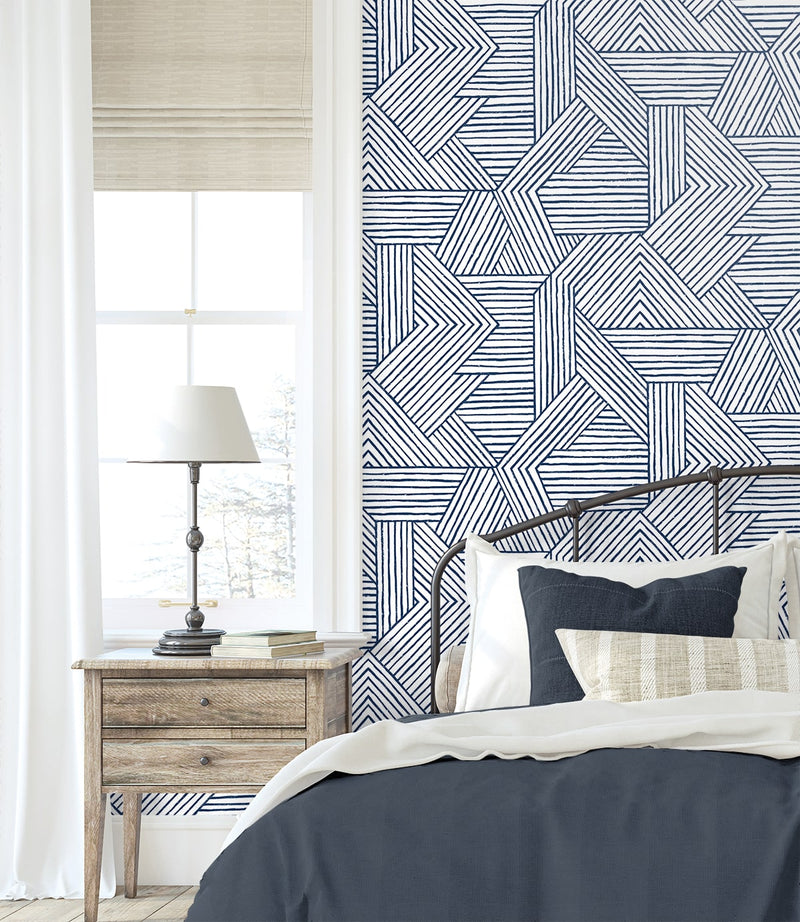 media image for Etched Geometric Peel & Stick Wallpaper in Navy Blue 291