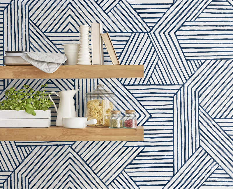 media image for Etched Geometric Peel & Stick Wallpaper in Navy Blue 218