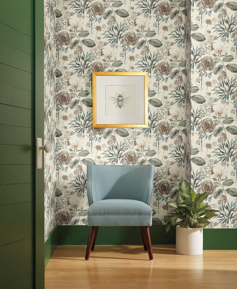 media image for Midsummer Floral Wallpaper in Beige/Green from the Handpainted Traditionals Collection by York Wallcoverings 288