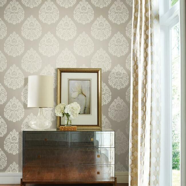 media image for Teardrop Damask Wallpaper in Beige from the Ronald Redding 24 Karat Collection by York Wallcoverings 289