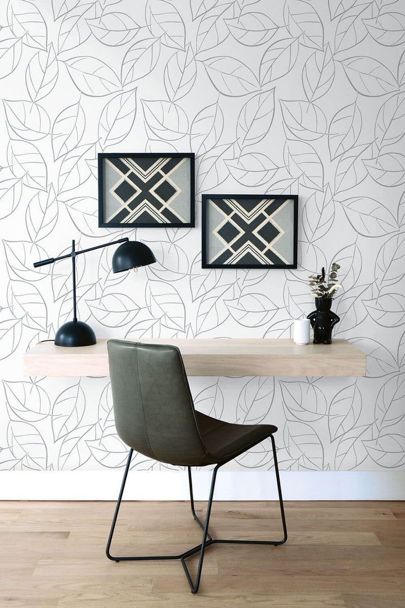 media image for Tossed Leaves Peel-and-Stick Wallpaper in Daydream Grey by NextWall 227