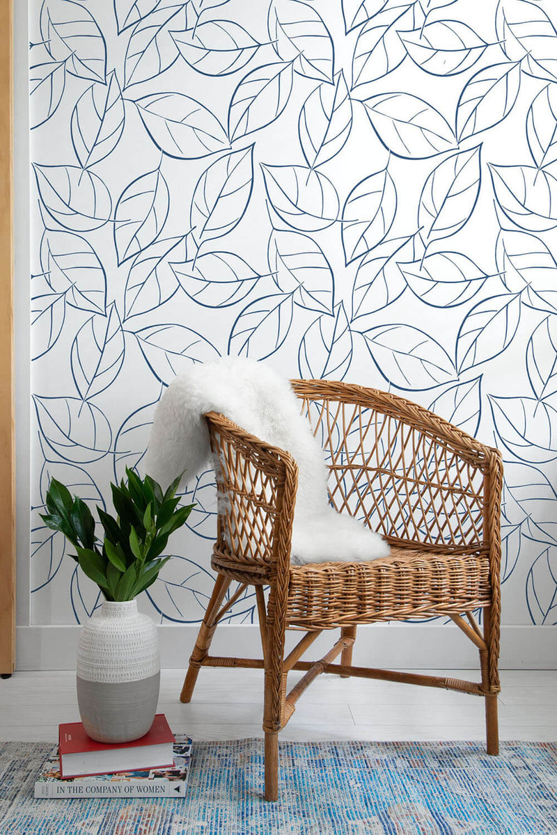 media image for Tossed Leaves Peel-and-Stick Wallpaper in Navy Blue by NextWall 245