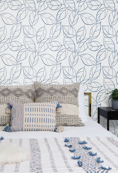 product image for Tossed Leaves Peel-and-Stick Wallpaper in Navy Blue by NextWall 98