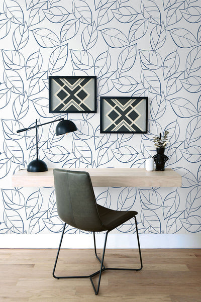 product image for Tossed Leaves Peel-and-Stick Wallpaper in Navy Blue by NextWall 56