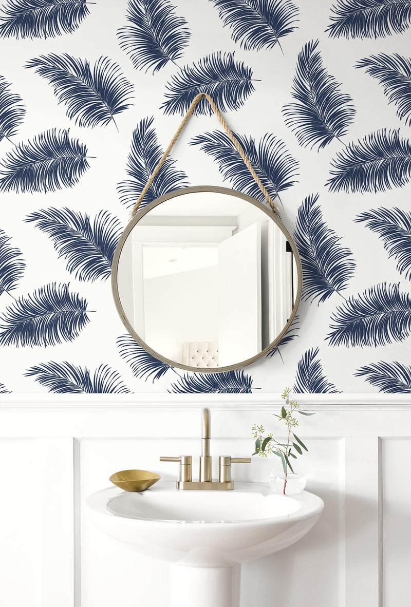 media image for Tossed Palm Peel-and-Stick Wallpaper in White and Navy from the Luxe Haven Collection by Lillian August 293