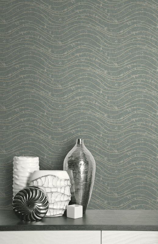 media image for Waves Effect Wallpaper in Green & Beige 237